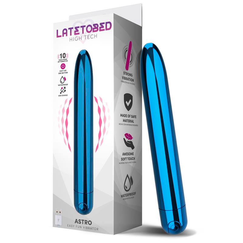 Vibrador de 18.5 cm con 10 funciones. Azul Brillante. Impermeable