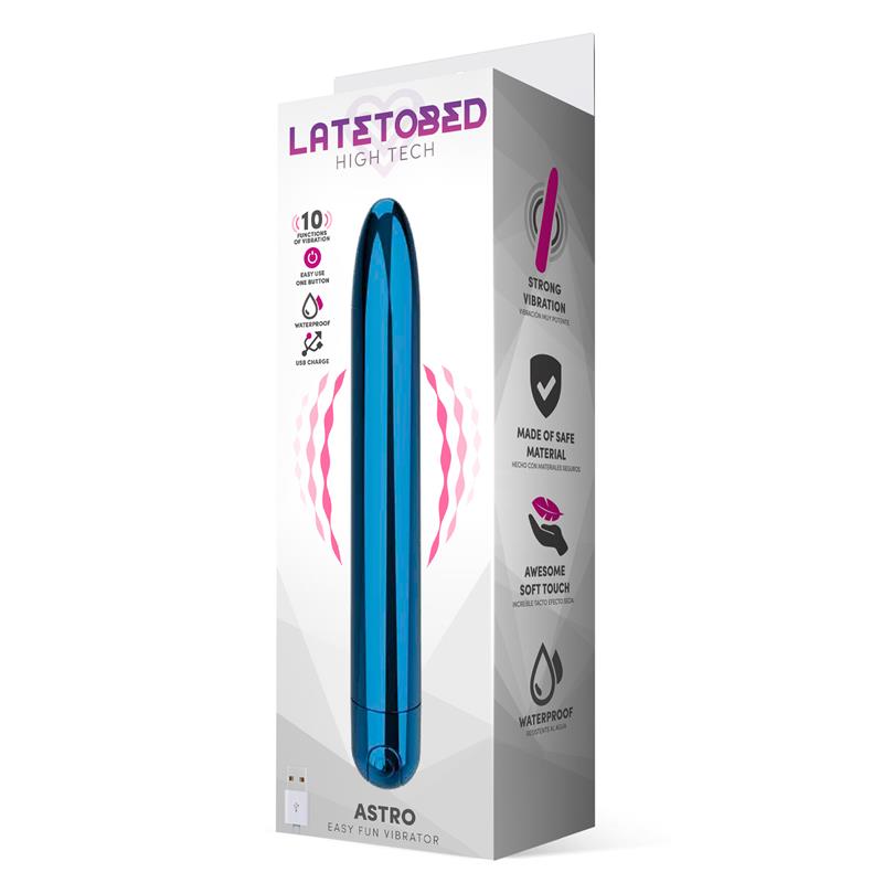 Vibrador de 18.5 cm con 10 funciones. Azul Brillante. Impermeable
