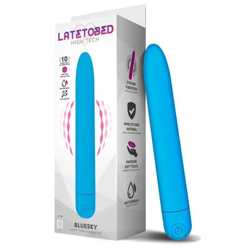 Vibrador de 18.5 cm con 10 funciones. Azul Mate. Impermeable