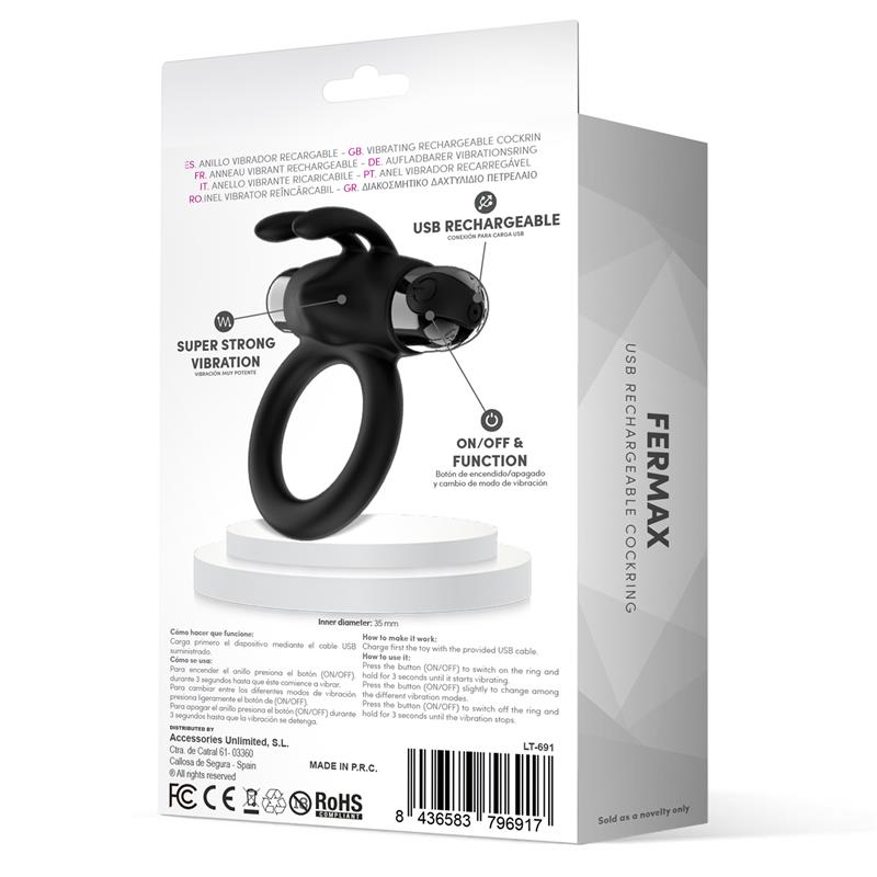 Anillo Vibrador Conejo recargable por USB, Silicona Negro
